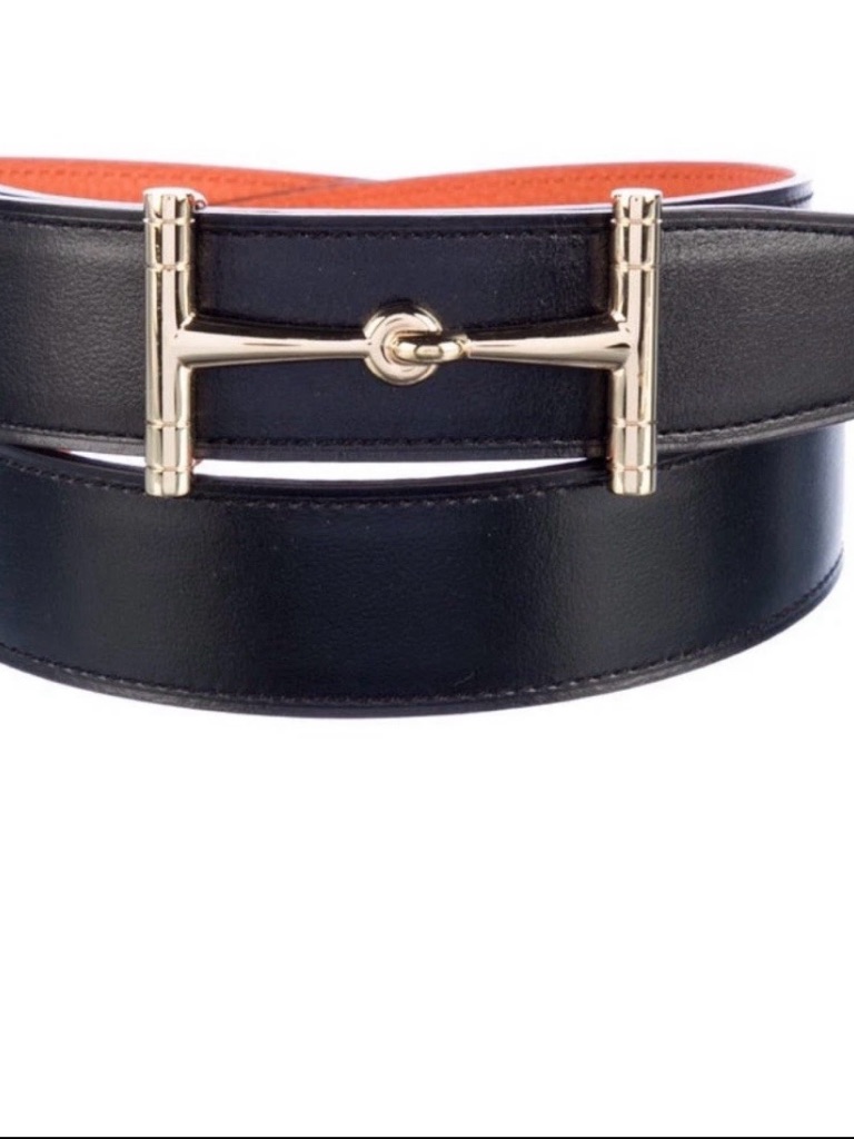 Hermes H Hippique Black/Orange Belt Kit Gold Buckle In Dustbag Box 32mm